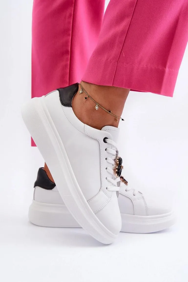 Skórzane Sneakersy Damskie Z Misiem Białe Mirven