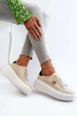 Skórzane Sneakersy Damskie Na Platformie Beżowe Pernalia