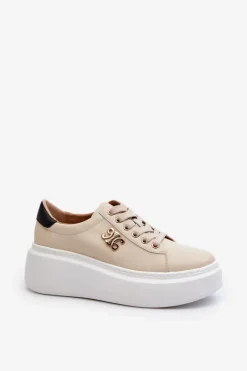 Skórzane Sneakersy Damskie Na Platformie Beżowe Pernalia