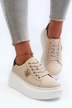 Skórzane Sneakersy Damskie Na Platformie Beżowe Pernalia