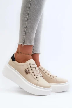 Skórzane Sneakersy Damskie Na Platformie Beżowe Pernalia
