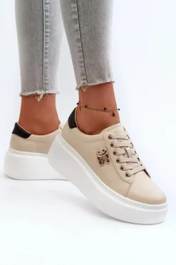 Skórzane Sneakersy Damskie Na Platformie Beżowe Pernalia