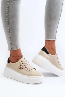 Skórzane Sneakersy Damskie Na Platformie Beżowe Pernalia