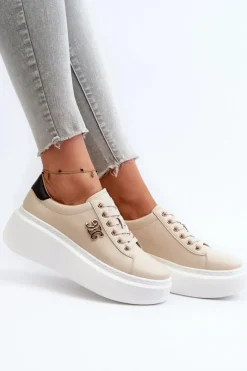 Skórzane Sneakersy Damskie Na Platformie Beżowe Pernalia