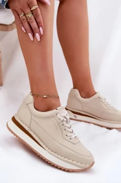 Skórzane Sneakersy Damskie Na Platformie Big Star RR274A334 Beżowe