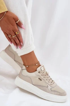 Skórzane Sneakersy Damskie Na Platformie Beżowe Velarria