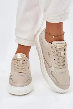 Skórzane Sneakersy Damskie Na Platformie Beżowe Velarria
