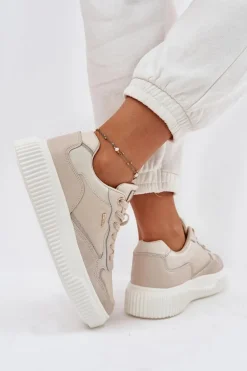 Skórzane Sneakersy Damskie Na Platformie Beżowe Velarria