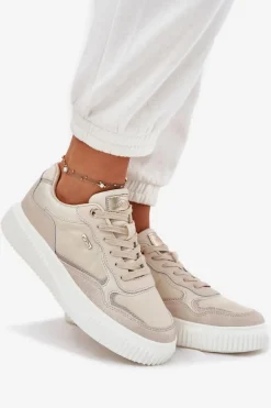 Skórzane Sneakersy Damskie Na Platformie Beżowe Velarria