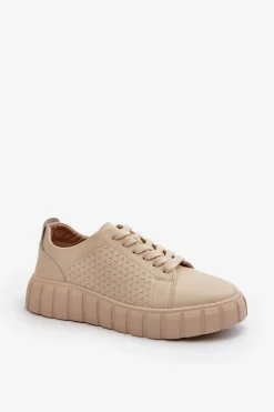 Skórzane Sneakersy Damskie Na Platformie Beżowe Eselmarie
