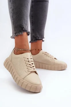 Skórzane Sneakersy Damskie Na Platformie Beżowe Eselmarie