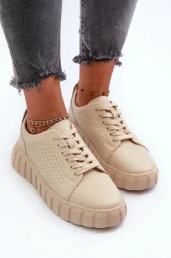 Skórzane Sneakersy Damskie Na Platformie Beżowe Eselmarie