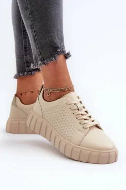 Skórzane Sneakersy Damskie Na Platformie Beżowe Eselmarie