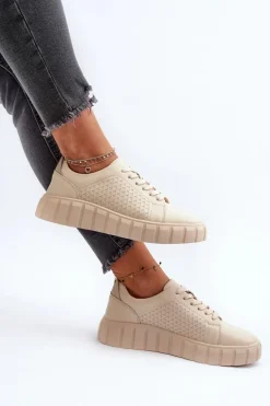 Skórzane Sneakersy Damskie Na Platformie Beżowe Eselmarie