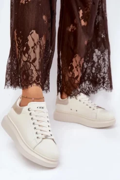 Skórzane Sneakersy Damskie Na Platformie GOE RR2N4004 Beżowe