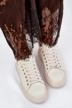 Skórzane Sneakersy Damskie Na Platformie GOE RR2N4004 Beżowe