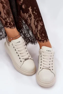 Skórzane Sneakersy Damskie Na Platformie GOE RR2N4004 Beżowe