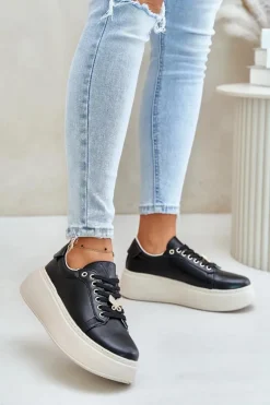 Skórzane Sneakersy Damskie Na Platformie Z Przypinką Vinceza 89101 Czarne