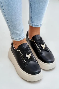 Skórzane Sneakersy Damskie Na Platformie Z Przypinką Vinceza 89101 Czarne