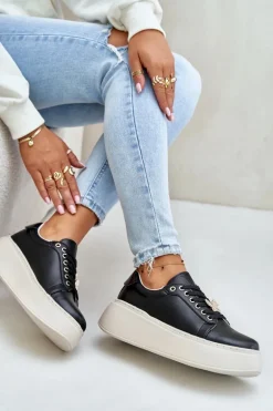 Skórzane Sneakersy Damskie Na Platformie Z Przypinką Vinceza 89101 Czarne