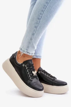 Skórzane Sneakersy Damskie Na Platformie Z Przypinką Vinceza 89101 Czarne