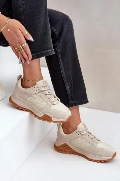 Skórzane Sneakersy Damskie Big Star OO274A315 Hi-Poly System Beżowe