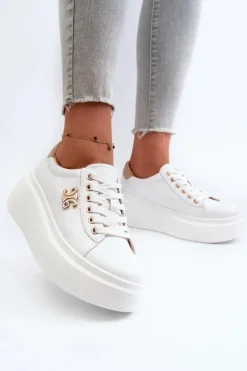 Skórzane Sneakersy Damskie Na Platformie Białe Pernalia