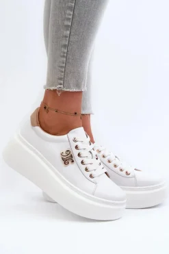 Skórzane Sneakersy Damskie Na Platformie Białe Pernalia