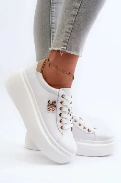 Skórzane Sneakersy Damskie Na Platformie Białe Pernalia