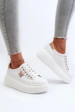 Skórzane Sneakersy Damskie Na Platformie Białe Pernalia
