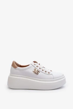 Skórzane Sneakersy Damskie Na Platformie Białe Pernalia