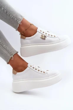 Skórzane Sneakersy Damskie Na Platformie Białe Pernalia
