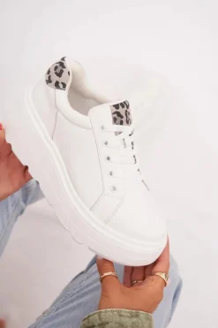 Skórzane Sneakersy Damskie Na Platformie Panterka Vinceza 89144 Białe