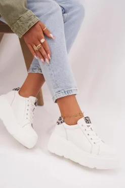 Skórzane Sneakersy Damskie Na Platformie Panterka Vinceza 89144 Białe