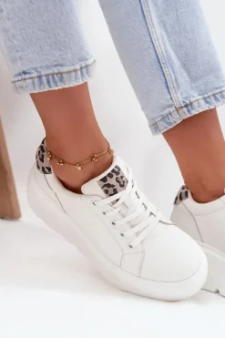 Skórzane Sneakersy Damskie Na Platformie Panterka Vinceza 89144 Białe