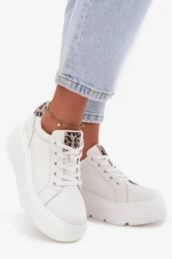 Skórzane Sneakersy Damskie Na Platformie Panterka Vinceza 89144 Białe