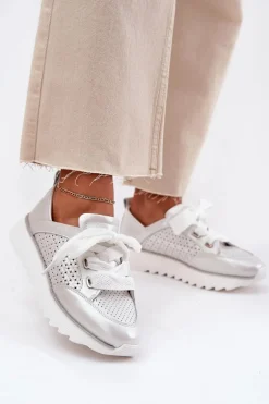 Skórzane Sneakersy Damskie Na Platformie D&A LR51-796 Srebrne