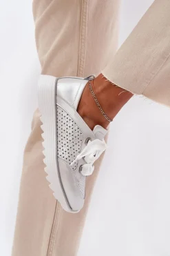Skórzane Sneakersy Damskie Na Platformie D&A LR51-796 Srebrne