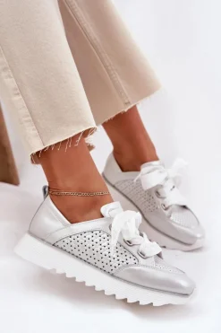 Skórzane Sneakersy Damskie Na Platformie D&A LR51-796 Srebrne
