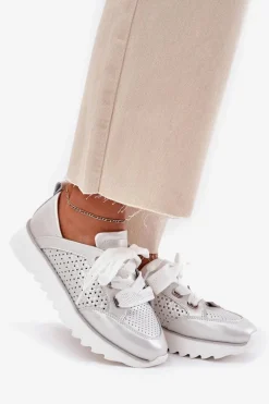 Skórzane Sneakersy Damskie Na Platformie D&A LR51-796 Srebrne