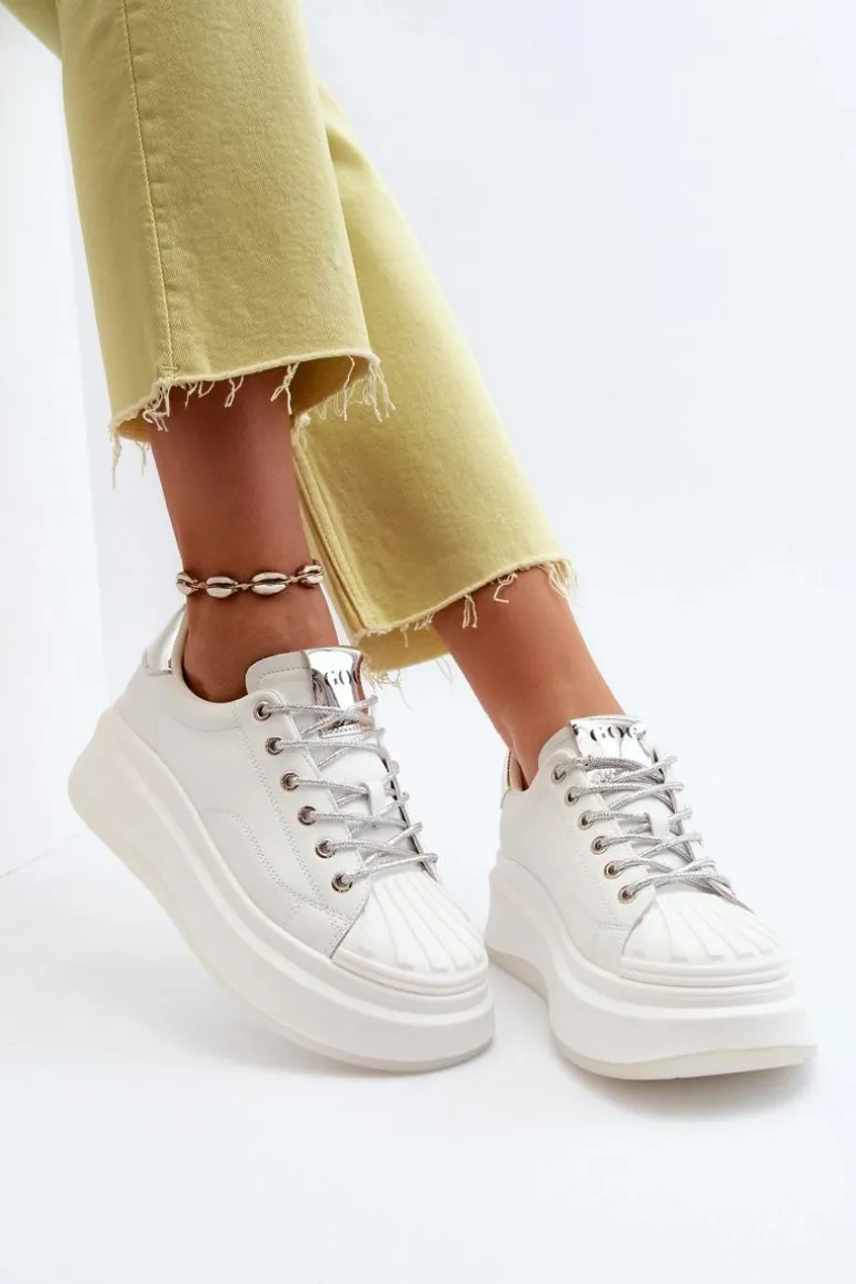 Skórzane Sneakersy Damskie Na Platformie GOE NN2N4033 Białe