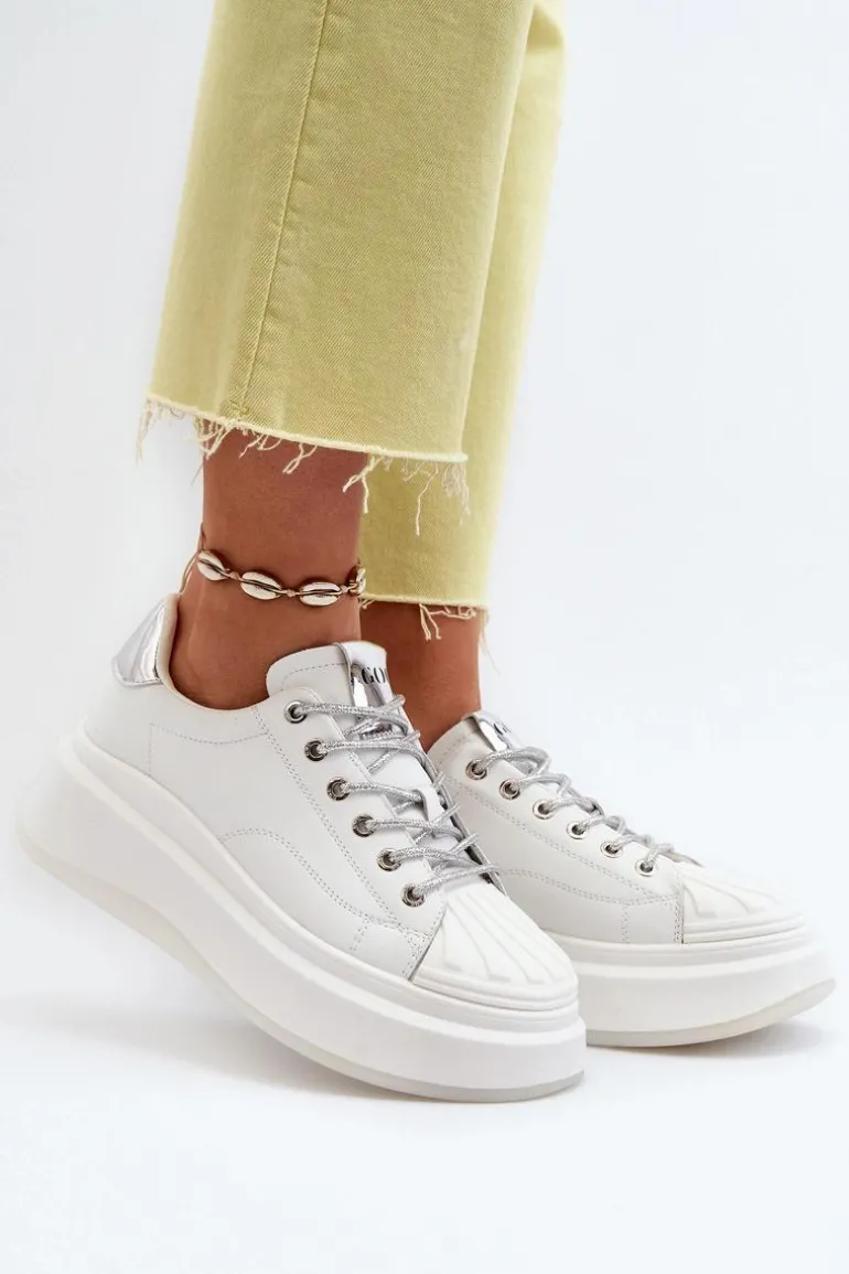 Skórzane Sneakersy Damskie Na Platformie GOE NN2N4033 Białe