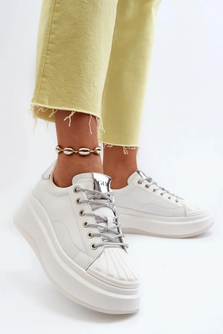 Skórzane Sneakersy Damskie Na Platformie GOE NN2N4033 Białe