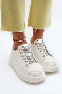 Skórzane Sneakersy Damskie Na Platformie GOE NN2N4033 Białe