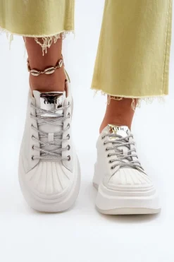 Skórzane Sneakersy Damskie Na Platformie GOE NN2N4033 Białe