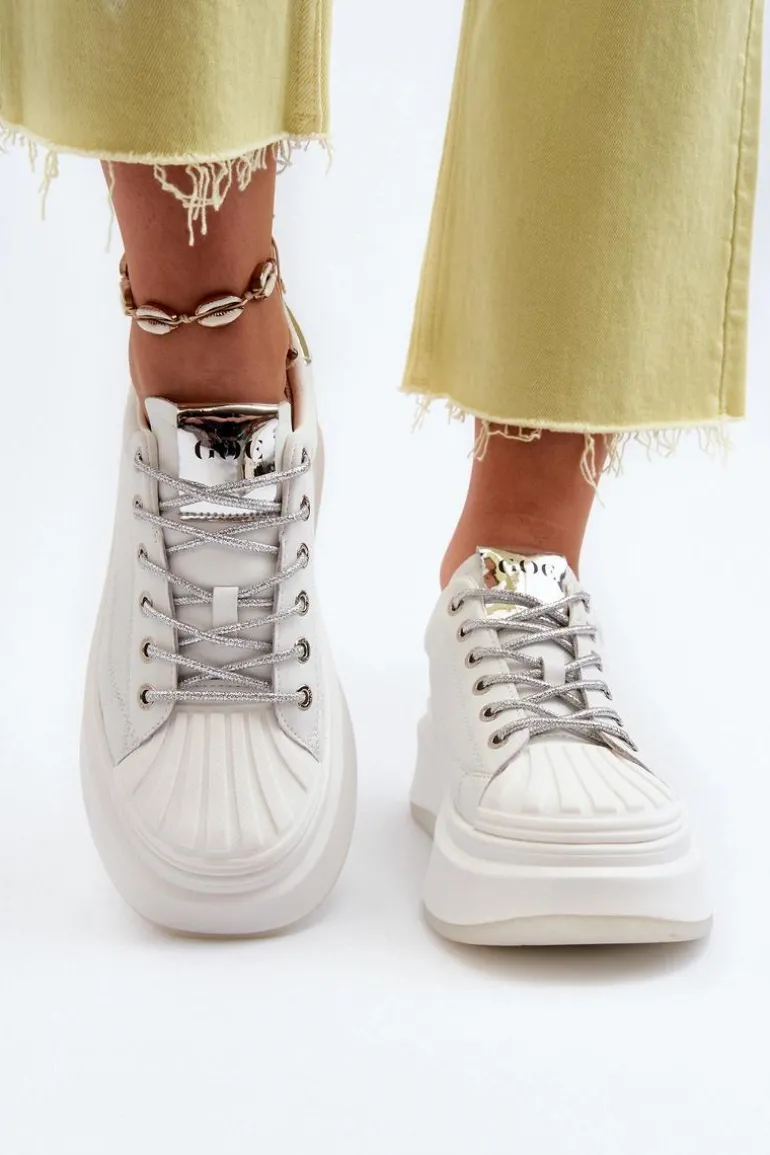 Skórzane Sneakersy Damskie Na Platformie GOE NN2N4033 Białe