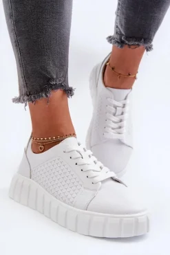Skórzane Sneakersy Damskie Na Platformie Białe Eselmarie