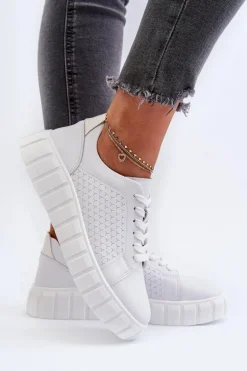 Skórzane Sneakersy Damskie Na Platformie Białe Eselmarie