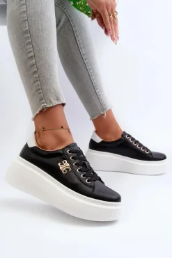 Skórzane Sneakersy Damskie Na Platformie Czarne Pernalia