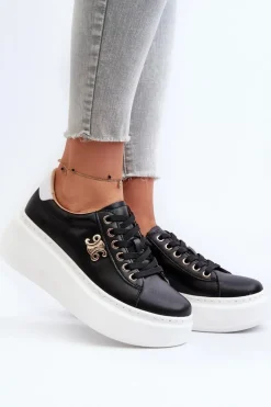Skórzane Sneakersy Damskie Na Platformie Czarne Pernalia